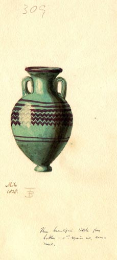 309 green vase with black decoration on it, 2 handles